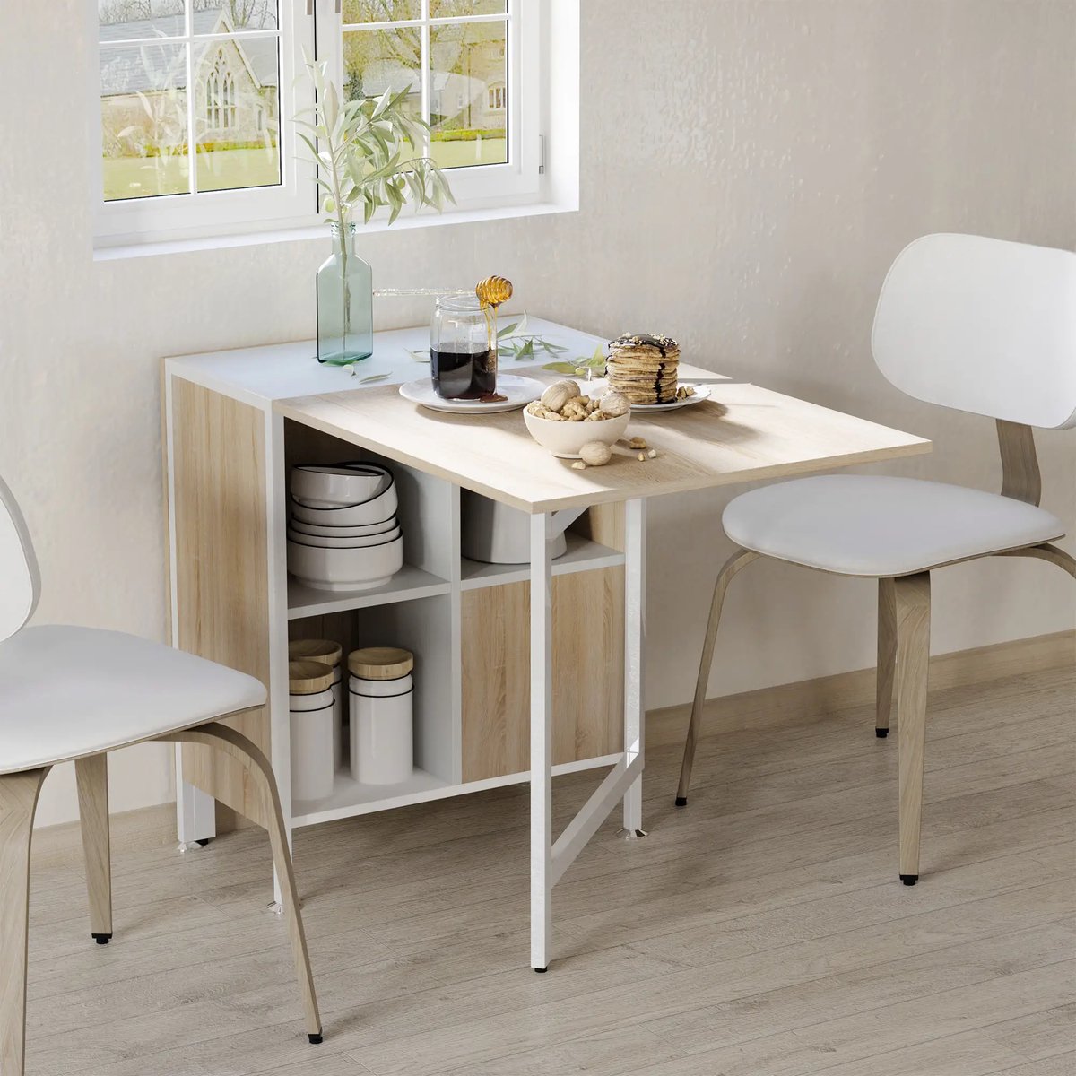 Pugsdrly Klaptafel Eettafel Bijzettafels Opbergruimte voor woonkamer Keuken Eikenhout Metalen frame Naturel+Wit 169 x 60 x 75 cm