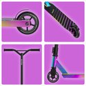 Vier details van de "LifeGoods Fly Pro" stuntstep: wiel, deck, stuur en voorzijde.