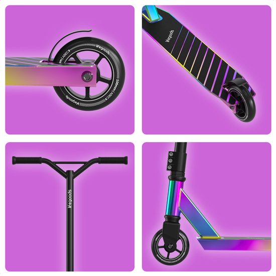 Vier details van de "LifeGoods Fly Pro" stuntstep: wiel, deck, stuur en voorzijde.