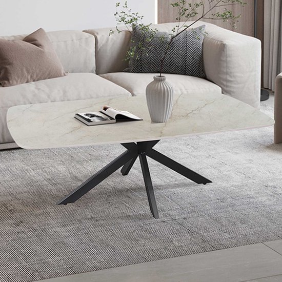 Table basse Helios - 130x70x45cm - ovale danois - marbre beige - Rousseau - Tables basses ovales - Beige - Pierre|Métal - Tables basses ovales