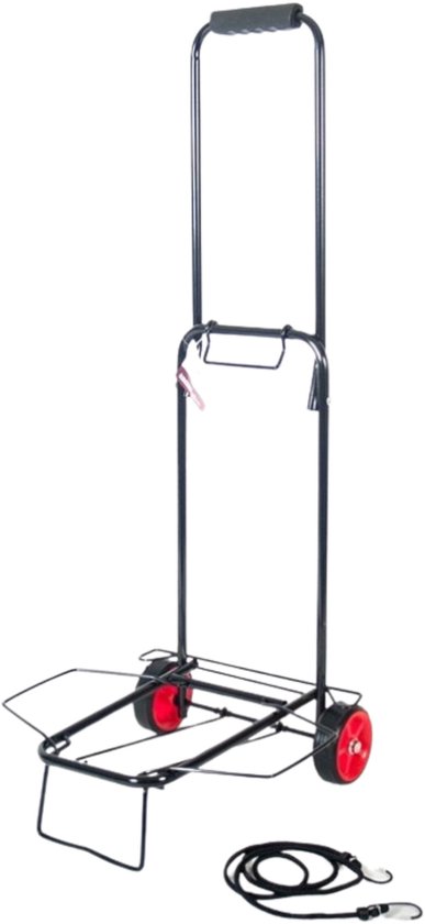 Zwarte opvouwbare steekwagen met rode wielen en een grijze handgreep. Inclusief zwart elastisch koord met haken.