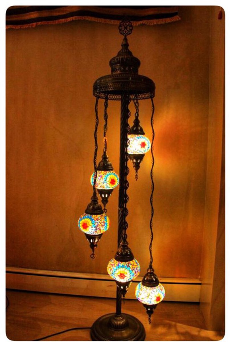 Turkse lamp - vloerlamp met 5 glazen bollen - 125 cm - turquoise en multicolor decoratie