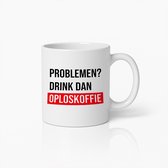 Grappige Mok Met Nederlandse Tekst "Problemen? Drink Dan Oploskoffie" – Leuke Keramische Koffiebeker