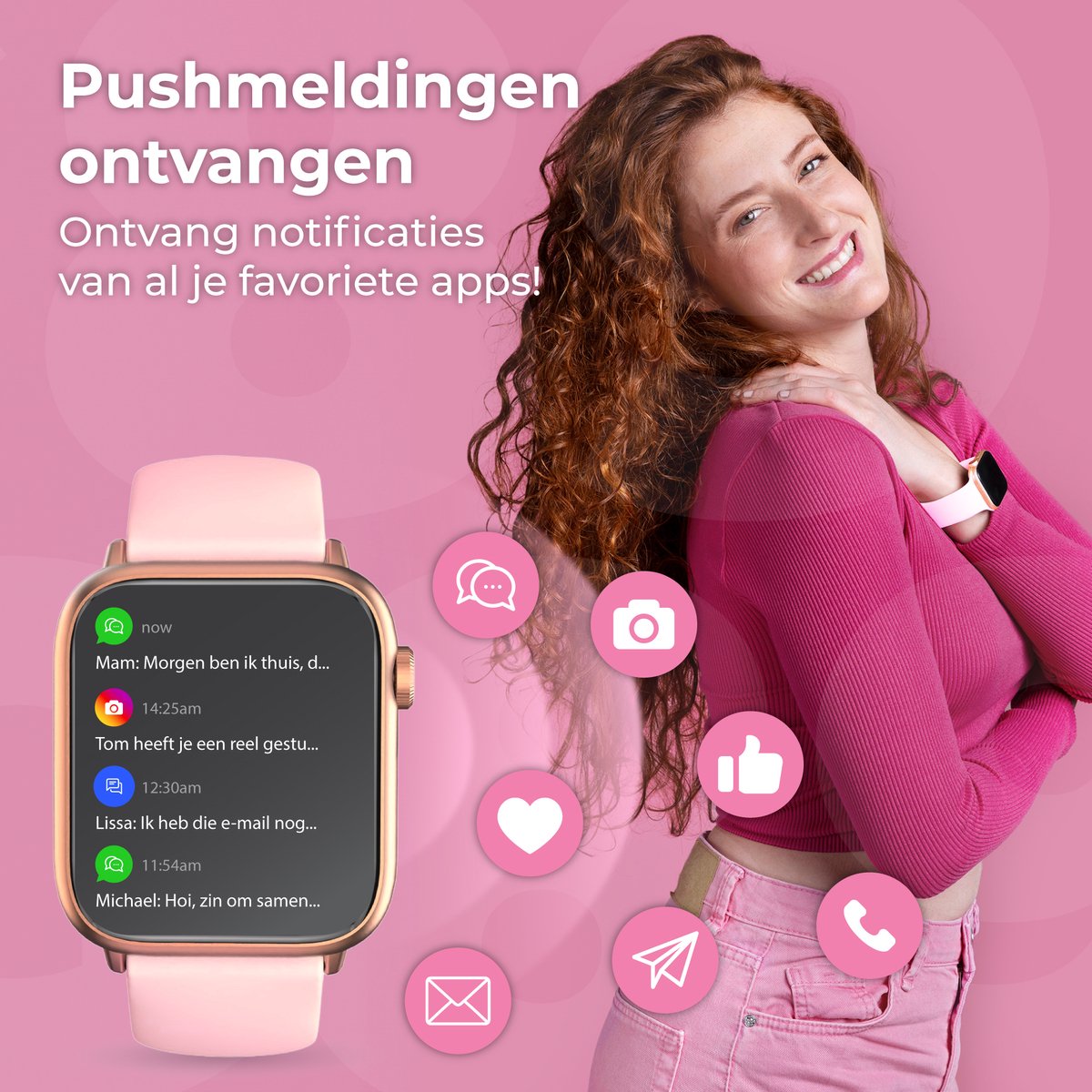 Afbeelding 3 van Nuvance Smartwatch Heren & Dames met Bluetooth - 45mm - Geschikt voor alle Smartphones - Stappenteller & Hartslagmeter - Roze
