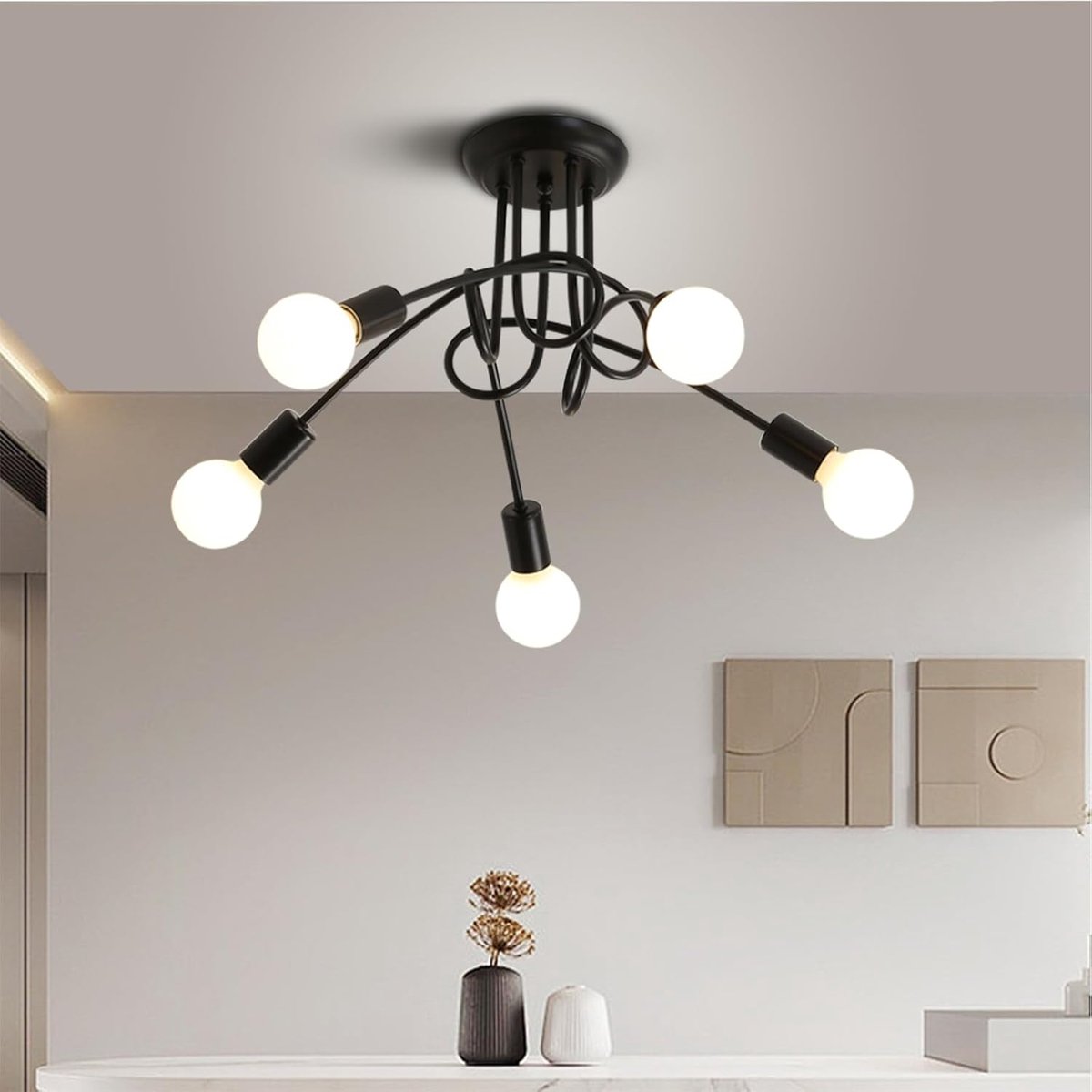 Haobosic - Plafondlamp in industriële stijl, moderne hanglamp van smeedijzer, zwarte E27-plafondlamp met 5 lampen voor woonkamer, slaapkamer en keuken (lamp niet inbegrepen)