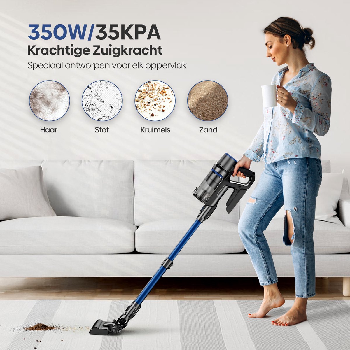 Olvy Steelstofzuiger Draadloos - 2 Accu's - Met Dweilfunctie - 5 Zuigniveaus - Vacuum Cleaner - Draadloze Snoerloze Stofzuiger - Zonder Zak - Op Accu - 350W - 35Kpa - Kruimeldief — afbeelding 5