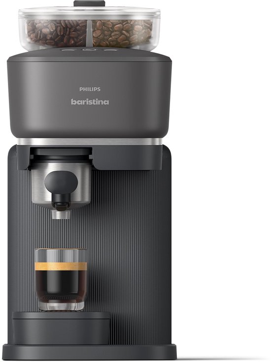 Zwarte Philips Baristina volautomatische espressomachine met een glas espresso.