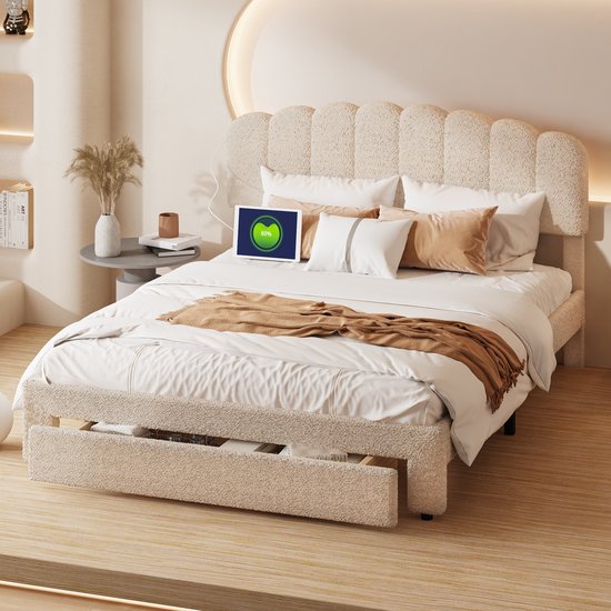 Tweepersoonsbed 160x200 cm met USB - Bedframe met verstelbaar hoofdeinde, Lattenbodem, Opberglade, Bed voor volwassenen en tieners, zonder matras, Beige pluche stof