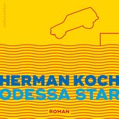 Boekomslag 'Odessa Star' van Herman Koch. Geel met rode lijnen en een blauwe titel. Een auto springt van een plateau.