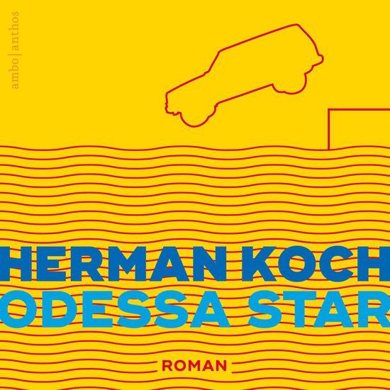 Couverture du livre 'Odessa Star' de Herman Koch. Jaune avec des lignes rouges et un titre bleu. Une voiture saute d'un plateau.