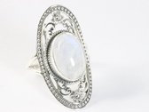 Bague allongée en argent ajourée avec pierre de lune arc-en-ciel - taille 20