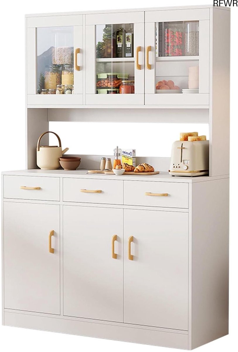 RFWR® Multifunctionele Keuken- en Vitrinekast van Hout - 170 cm Hoog met Laden en Glazen Deuren – Wit