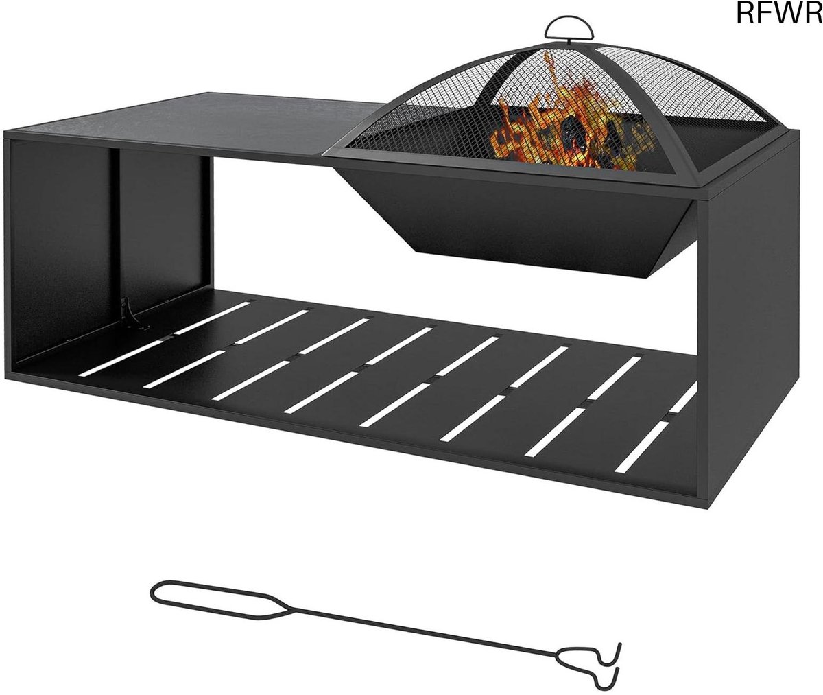 RFWR® Vuurkorf met Vonkenscherm en Pook - Tuin en Terras Vuurplaats met Opbergplank - Metaal - Zwart