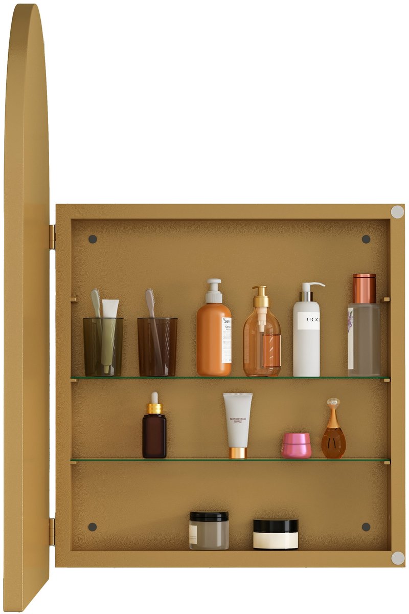 Merax Spiegelkast met Boogvorm – Wand- of Inbouwmontage – Gouden Badkamerspiegelkast met Opbergruimte en Verstelbare Planken – 91 x 61 cm – Metaal