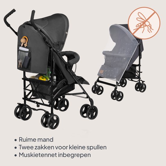 Grijze buggy met grote mand en twee opbergzakken. Met muggennet.