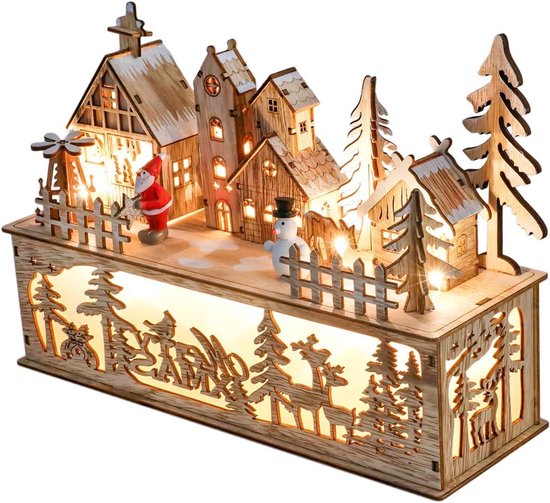 JGS Premium - Houten LED huis lichtboog met platform 20 cm - batterij verlichte kerstdecoratie - kerstdorp lichthuis - raamdecoratie bos thema - herbruikbare verpakking.