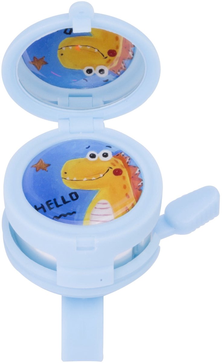 sun baby Fietsbel voor kinderen, kinderbel voor jongens en meisjes Blauwe dinosaurus, met spiegel onder de klep, verstelbare sluiting, eenvoudige montage
