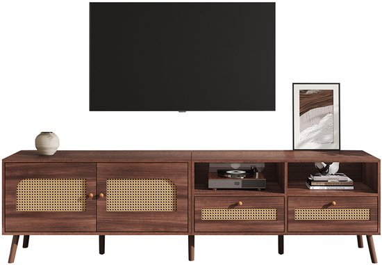 Meuble TV Pugsdrly 200*37*49,5 cm pour TV 80 pouces avec 2 portes en rotin, 2 tiroirs, meuble bas à 8 pieds, centre multimédia moderne en marron