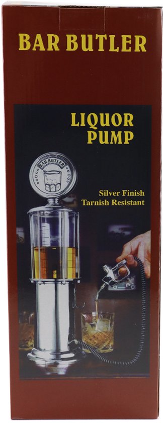 Verpakking van de "BAR BUTLER" drankdispenser met zilveren finish.