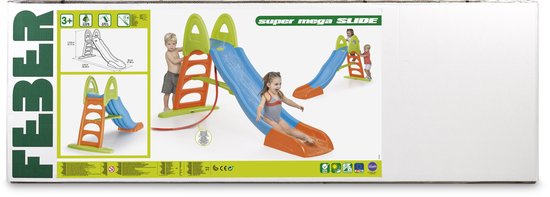 Kartonnen verpakking van de Feber Mega Slide XXL, met afbeeldingen van de glijbaan en kinderen.