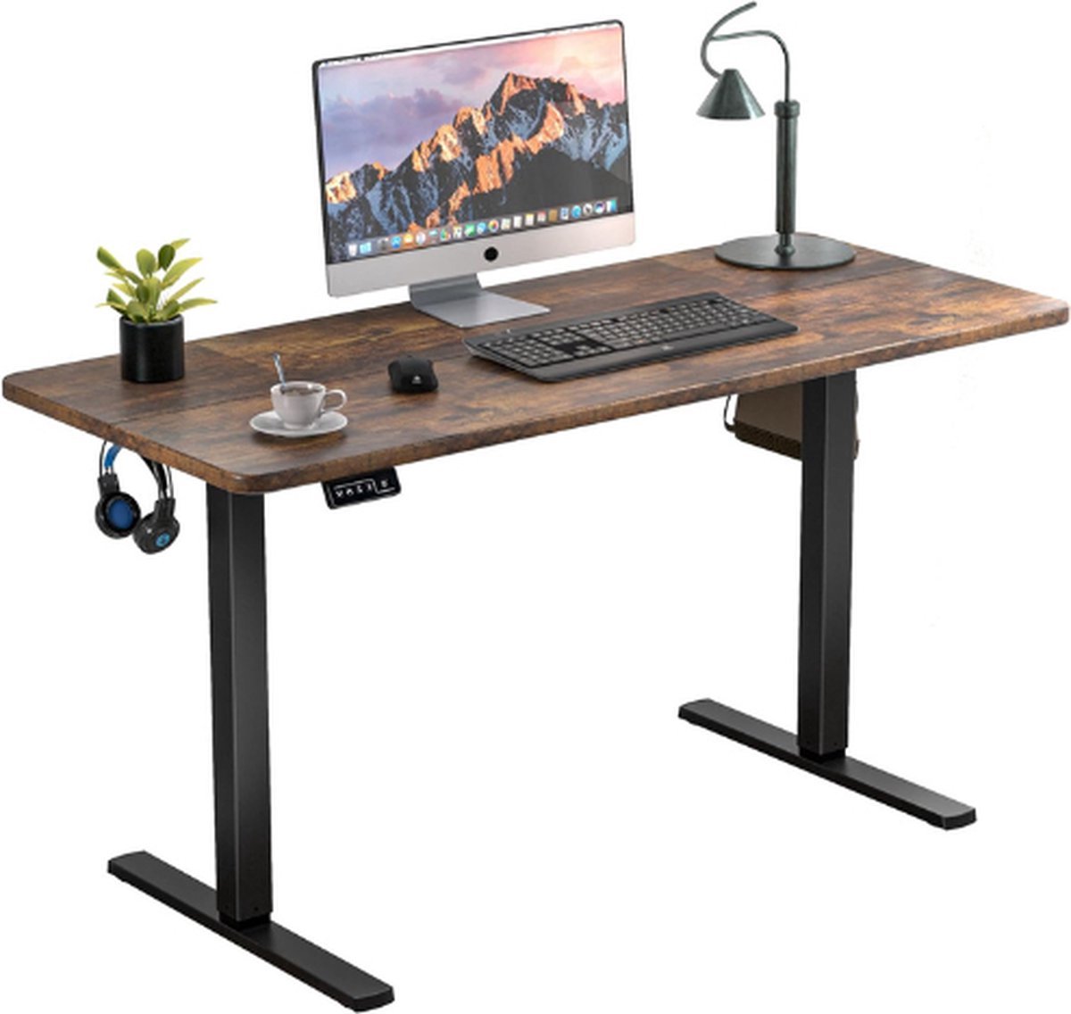 Thuys Elektrisch In Hoogte Verstelbaar Bureau – 110 X 60 Cm – Ergonomische Tafel Voor Kantoor – Zwart Frame – Roestbruin Bureaublad