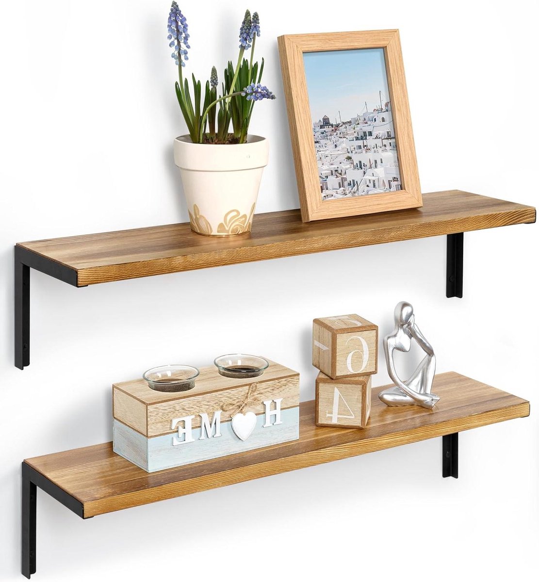 Allecto Premium - Wandrek hout set van 2 metalen planken - Zwevende wandrek - Natuur decoratie - Opbergplanken voor keuken, slaapkamer, woonkamer, badkamer - 60 cm breed - Stijlvol en praktisch woninginrichting.
