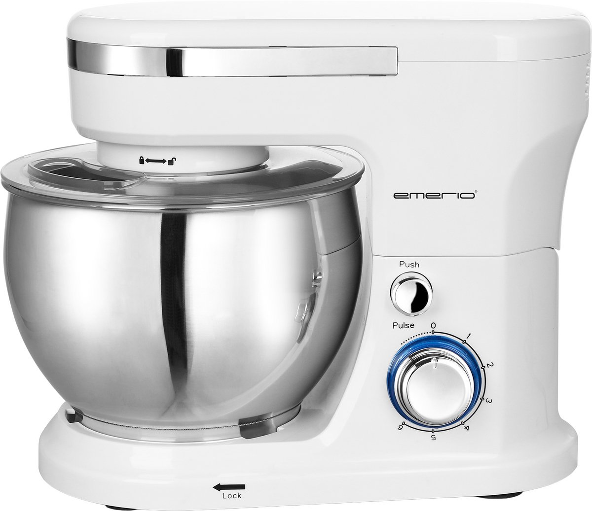 EMERIO KM-123117 - Keukenmachine kneedmachine roermachine met 5 liter roestvrijstalen kom + 3 roergereedschappen + spatbescherming met vulopening 1000 Watt power 6 snelheden + Pulse Retro BPA vrij Wit