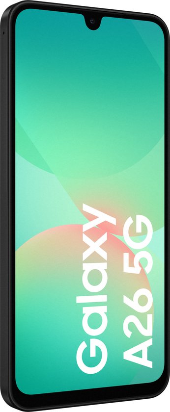 Zijkant van de zwarte Samsung Galaxy A26 5G.