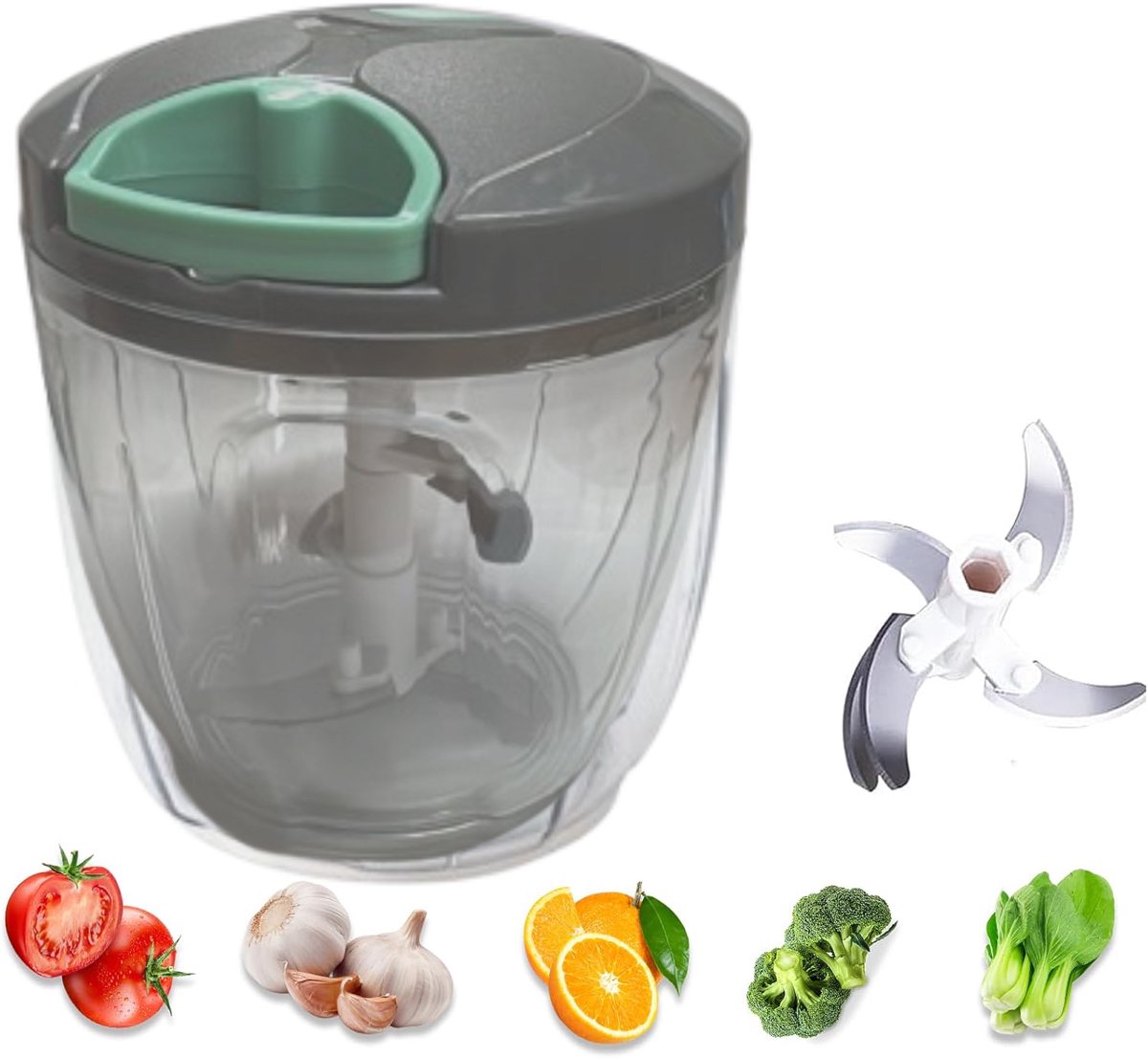 BORVAT® - Groentesnijder met Trekkoord – 900ml – RVS Hakmolen – Second Chopper – Voor Groenten, Fruit & Noten – Handmatige Food Processor - Grijs