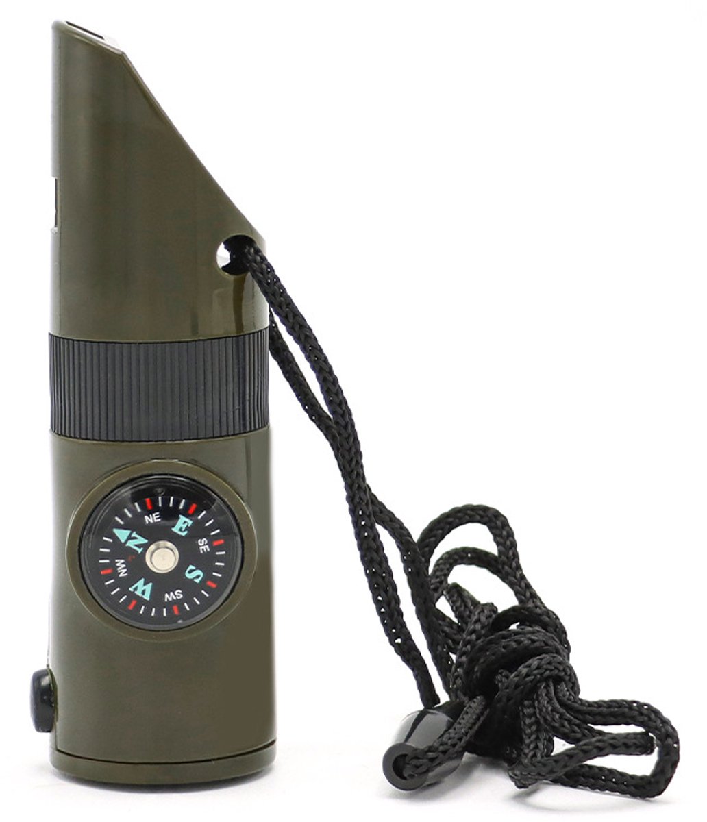 Outdoor 7-in-1 multifunctioneel fluitje Overlevingsfluitje Levensreddend fluitje met LED-licht Thermometer Kompas 7-in-1