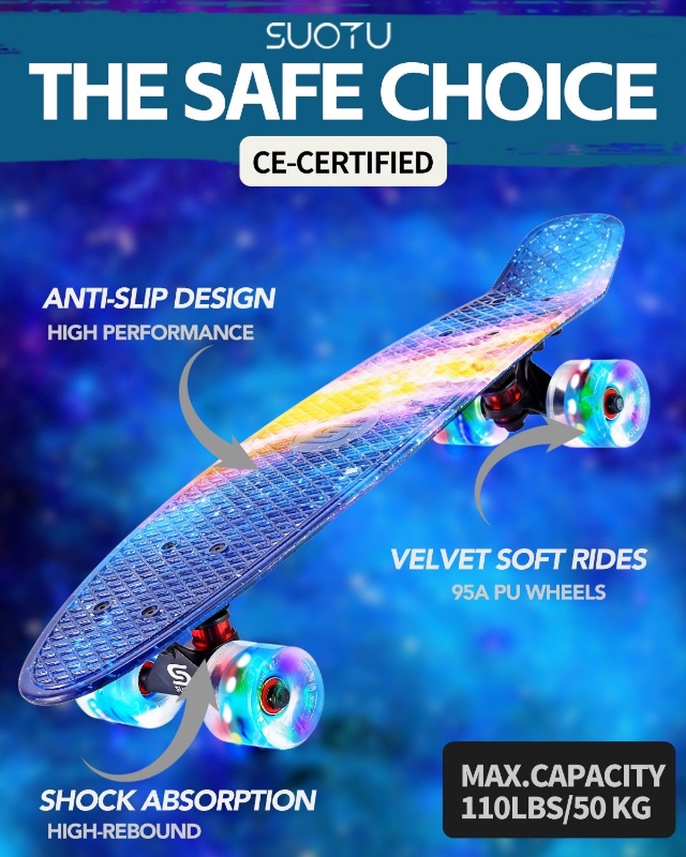 Suotu Skateboard - Wielen met LED-verlichting - ABEC-9 - Tot 50 kg - Skateboard Meisjes/jongens - Skateboard Volwassenen - Cadeau — afbeelding 2