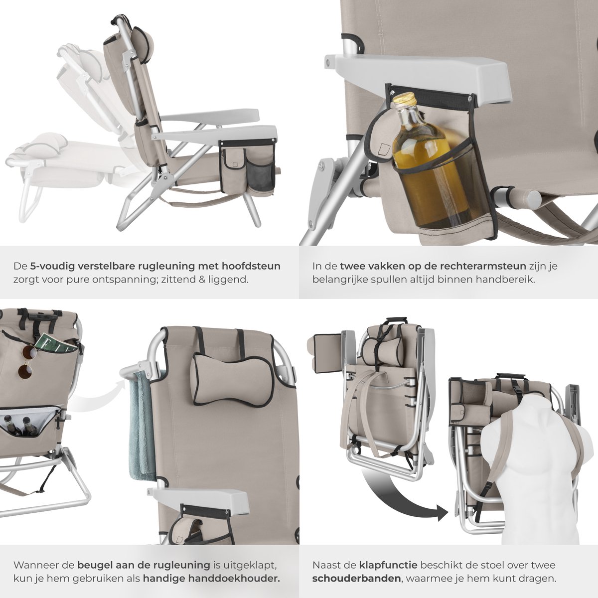 tectake® Strandstoel Coral - Opvouwbare Campingstoel met Koeltas en Opbergtas - 5-voudig Verstelbare Rugleuning met Hoofdkussen - Brede Armleuningen met Bekerhouder / Telefoonhouder - Inklapbare Kampeerstoel - Beige — cadeau in Sport & Outdoor - foto 4