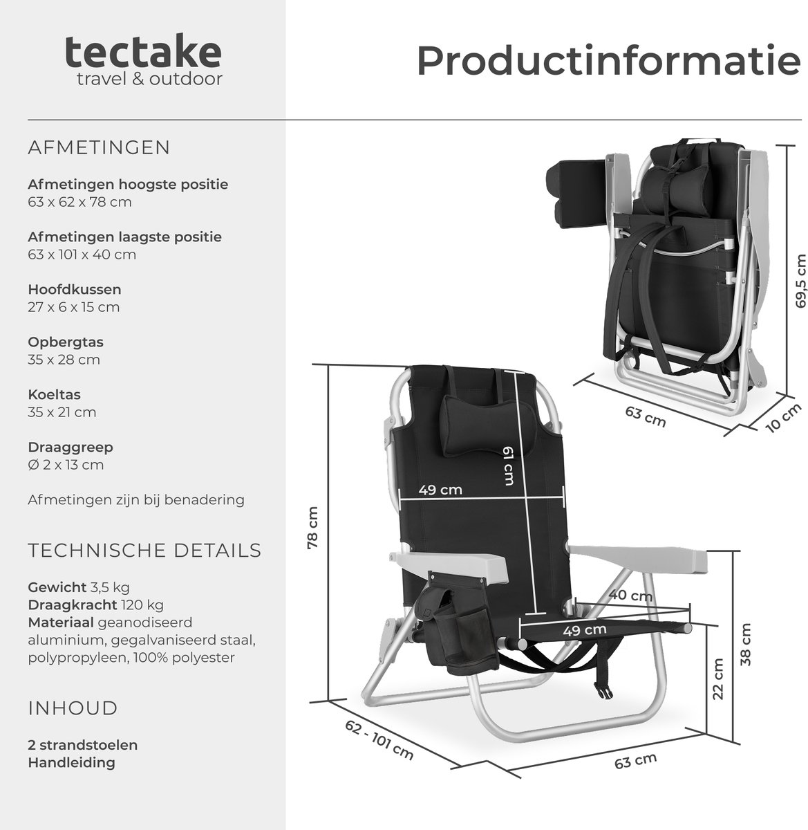 tectake® Strandstoelen Coral - Set van 2 Opvouwbare Campingstoelen met Koeltas en Opbergtas - 5-voudig Verstelbare Rugleuning met Hoofdkussen - Brede Armleuningen met Bekerhouder / Telefoonhouder - Inklapbare Kampeerstoel - Zwart — cadeau in Sport & Outdoor - foto 8