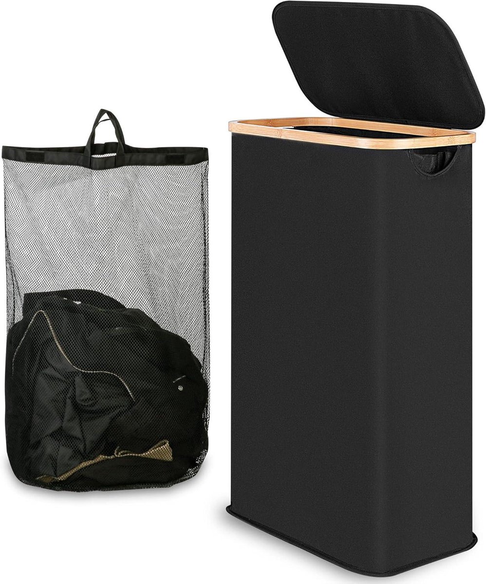 60 liter wasmand met deksel en handvat slanke opvouwbare wasmand met afneembare en wasbare binnenzak voor slaapkamer, badkamer en wasruimte (zwart)