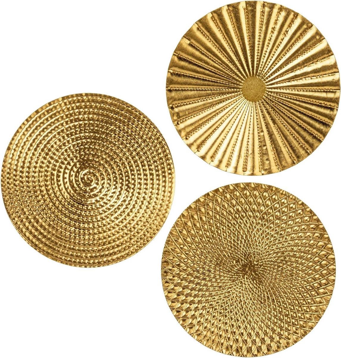 Allecto Plus - Set van 3 Boho Gouden Muursculpturen - Ronde Wanddecoratie - 3D Metalen Afbeeldingen - Moderne Kunst voor Thuis - Woonkamer Slaapkamer Keuken Gang 30 x 30 cm