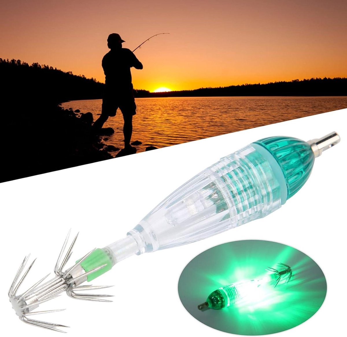 Allecto Plus - LED Vissen Lokken Licht met Haak voor Nachtvissen - Groen Licht Kleur Aas - Onderwaterlamp met Inktvis Vorm