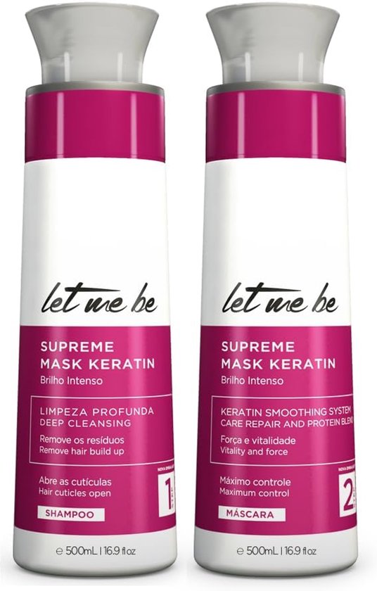 Deux bouteilles "Supreme Mask Keratin" blanches avec bouchon et accents roses, avec le texte "Supreme Mask Keratin".
