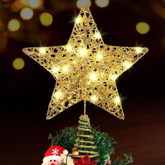 Allecto Plus - Kerstboompiek ster met LED-verlichting voor kerstboom - gouden woondecoratie en feestdecoratie