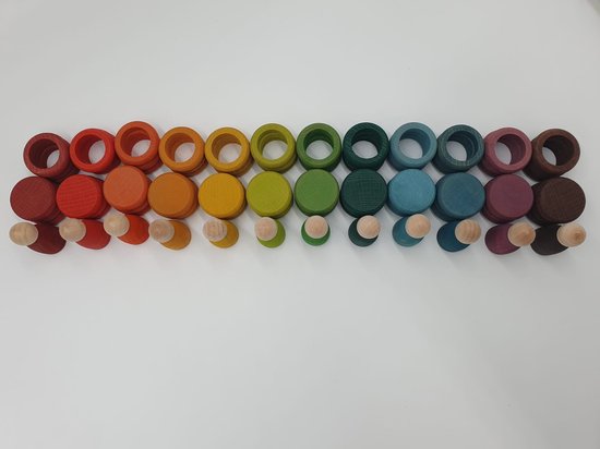 Houten munten, ringen en poppetjes - 84 stuks - Regenboogkleuren - Open einde speelgoed - Educatief montessori speelgoed van Houten — afbeelding 5
