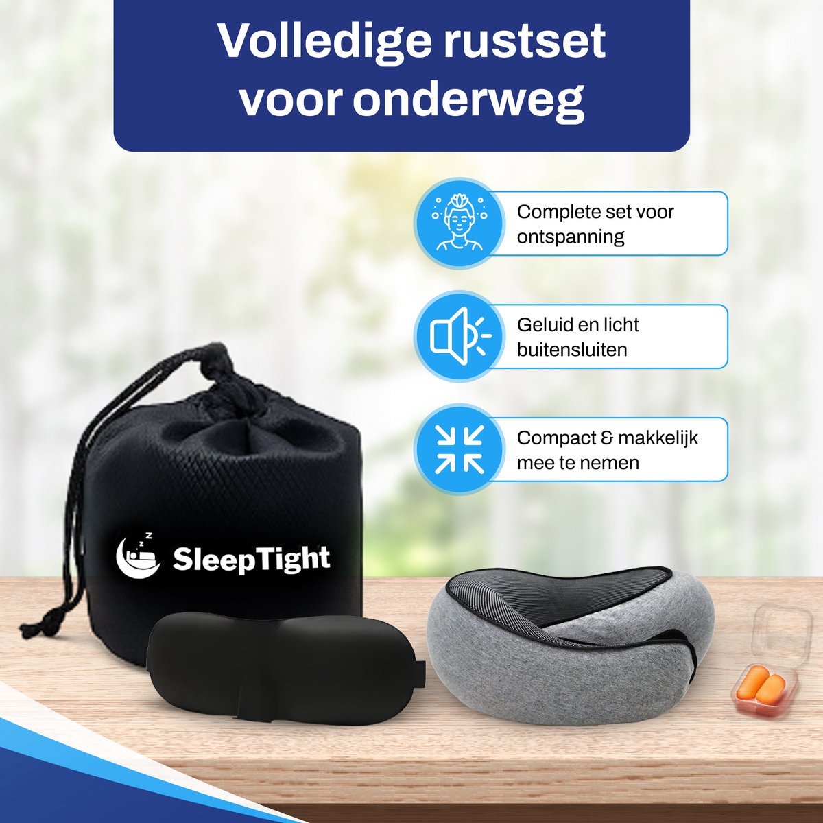 Sleeptight Nekkussen Vliegtuig of Auto - Reiskussen Set - 360° steun - Nekkussen Traagschuim - Travel Pillow Memory Foam - Met Oordoppen en Oogmasker — afbeelding 6