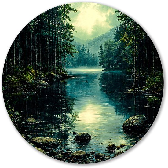Spiegelend meer in boslandschap - Natuur muurcirkels - Rond wandpaneel meer - Realisme kunststroming - Wandobject Forex rond - Slaapkamer wandkunst - muurcirkel forex 80x80 cm