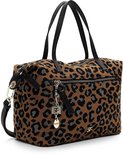 Grijze shopper met luipaardprint, zwarte handvatten en een afneembare schouderband. Met ritsvakken en hangertjes.