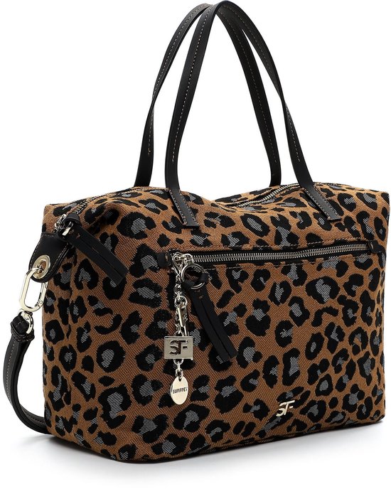 Grijze shopper met luipaardprint, zwarte handvatten en een afneembare schouderband. Met ritsvakken en hangertjes.