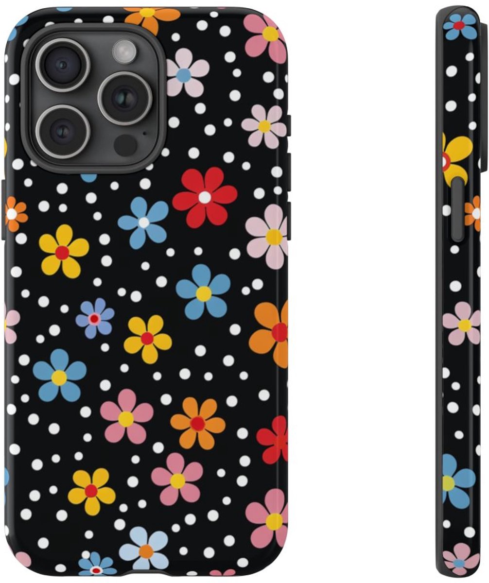 Vrolijk Bloemen- en Stippenpatroon – Telefoonhoesje Geschikt voor iPhone 15 Pro Max