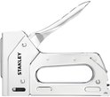 Profiel van een zilverkleurige Stanley TR110 handtacker met metalen behuizing en handvat.