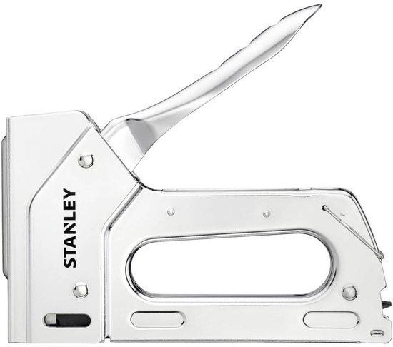 Profiel van een zilverkleurige Stanley TR110 handtacker met metalen behuizing en handvat.