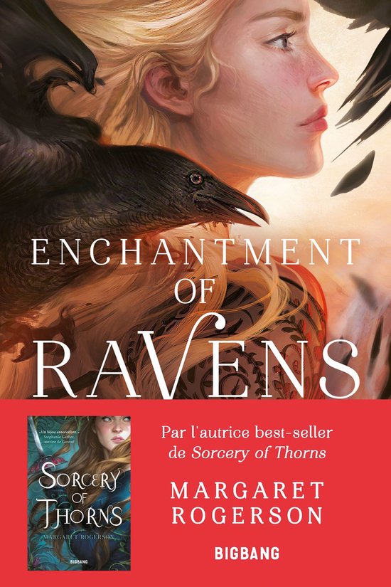 Boekomslag van "Enchantment of Ravens" met een illustratie van een blonde vrouw en een raaf.