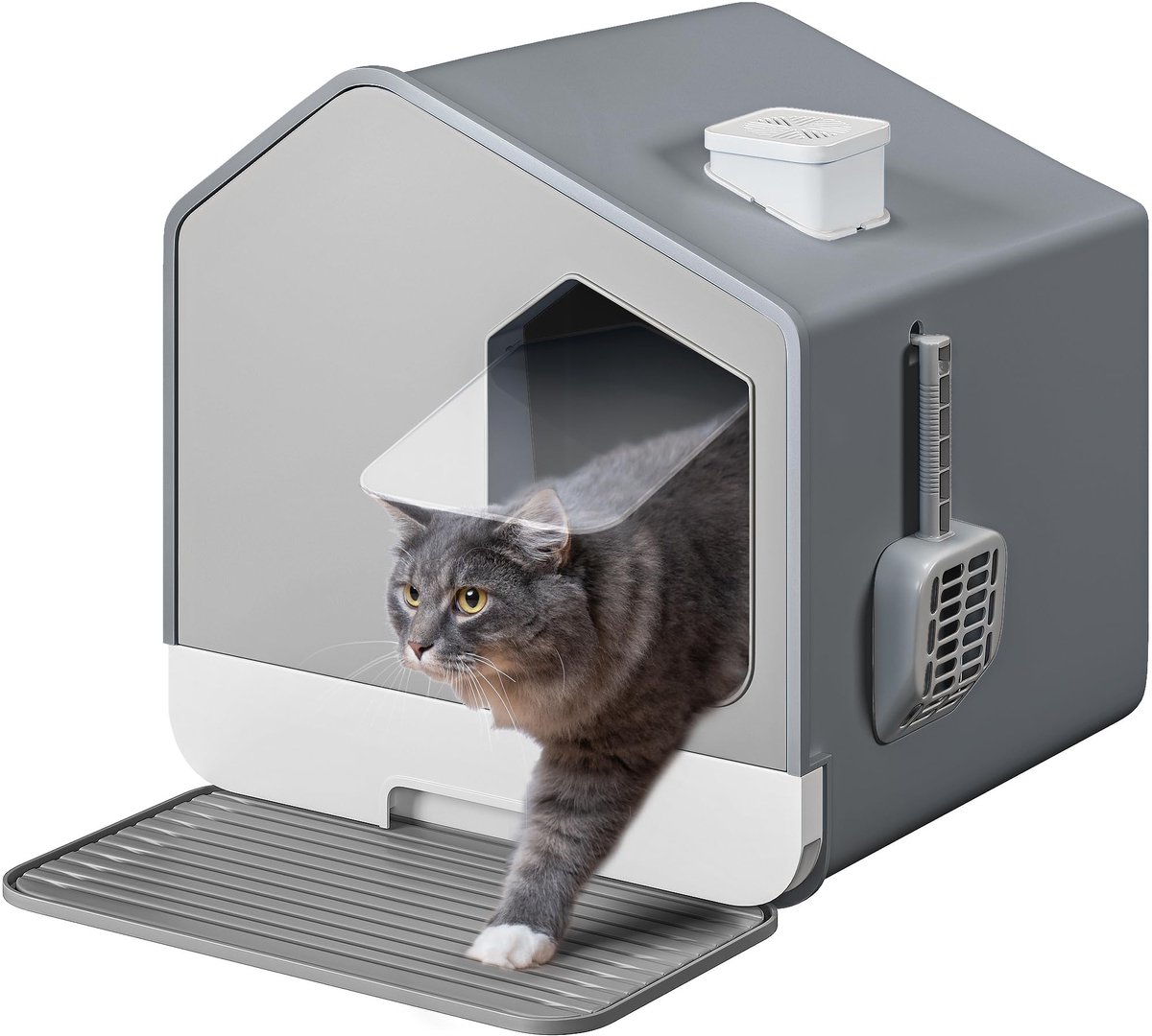 YITAHOME Kattenbak met kap, Kattenbak met deksel, Schep, Kattenbak, Eenvoudig te reinigen, Verborgen kattenbak, Kattenbak, Overdekte kattenbak, Hoge zijkanten (grijs)