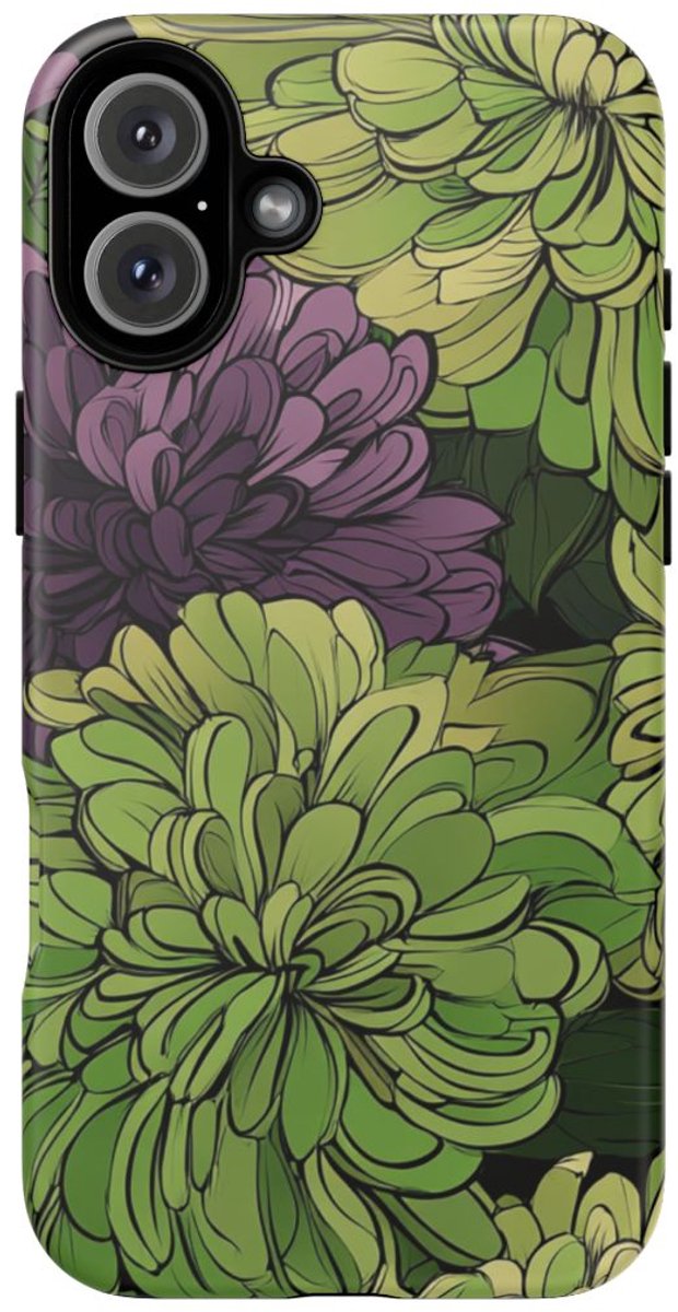 Groen-Paarse Chrysantenprint – Telefoonhoesje Geschikt voor iPhone 16 Plus