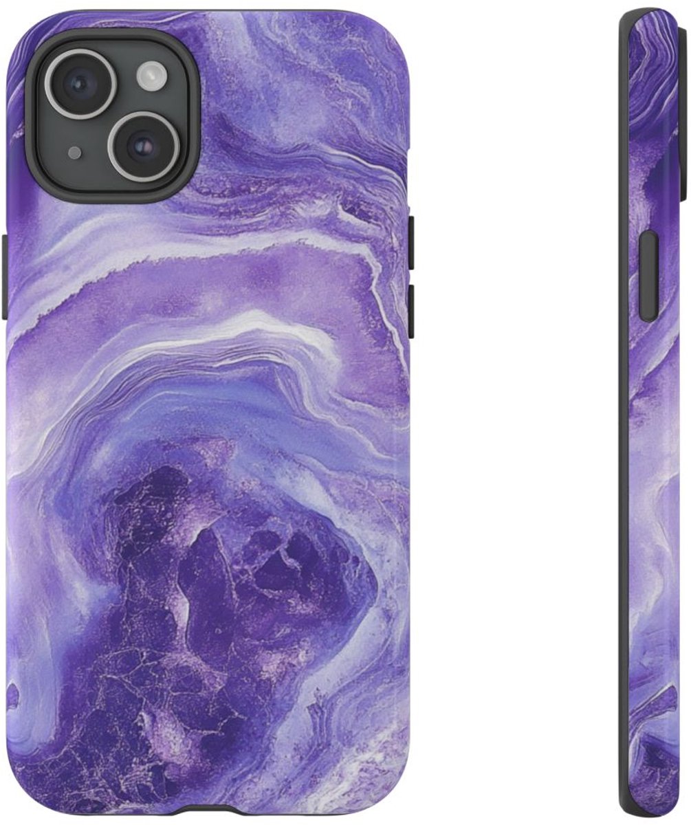 Paarse Marmerstructuur – Glanzend Stevig Hoesje Geschikt voor iPhone 15 Plus